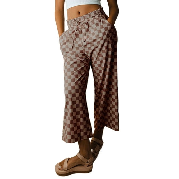 Women's Khaki Checkered High Waist Loose Casual Pants - Trendy Wide Leg Style - [ZhiHiMeRi] | (US 12-14)L