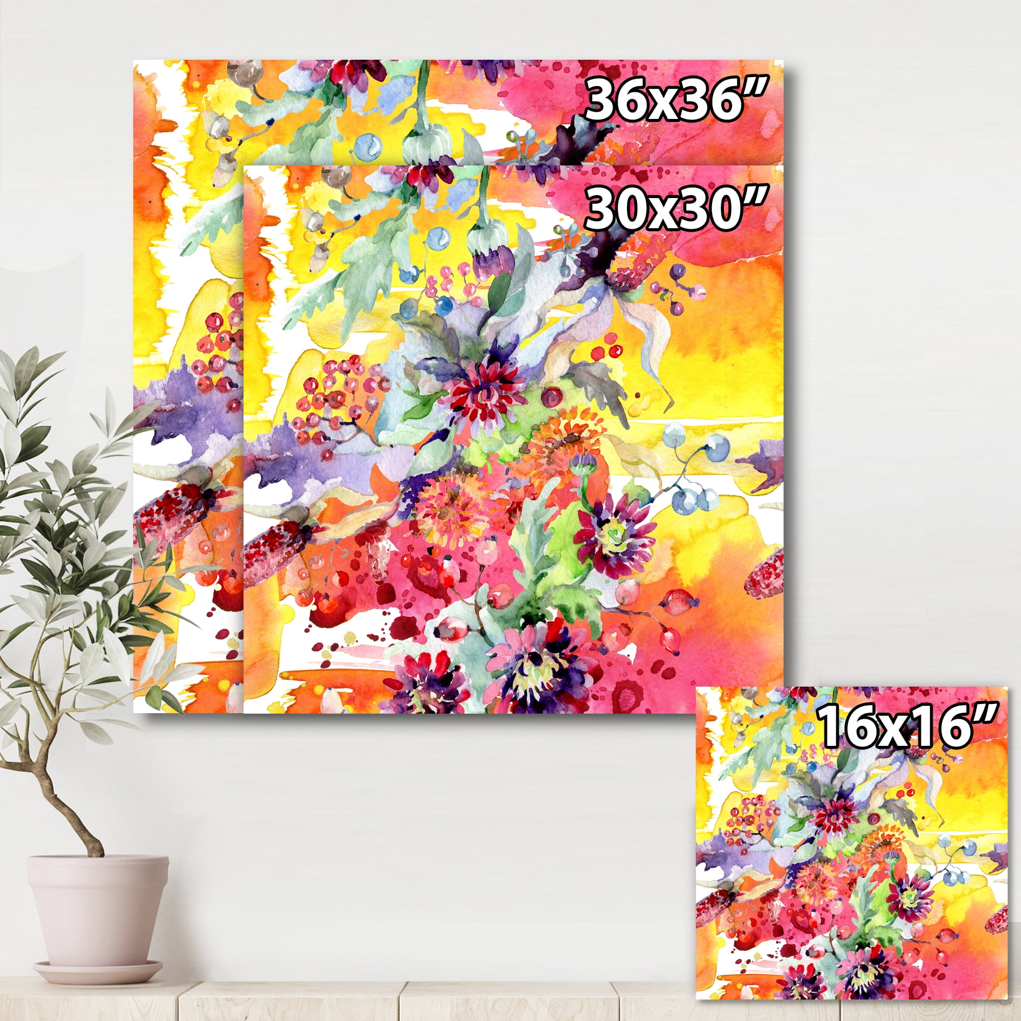 Designart ' Wildflowers and Vibrant Wild Spring Leaves ' Modern Canvas Wall Art Print