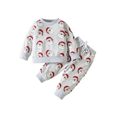 

aturustex Christmas Boys Girls Outfit Sets Long Sleeve Santa Claus Print Pullover Top + Drawstring Pants