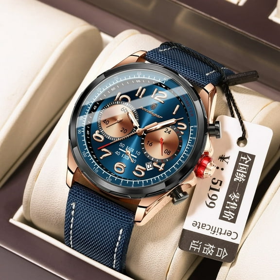 Explojoy Men's Quartz Chronograph Watch – Waterproof, Nylon Leather Strap, Luminous Display, Date Function