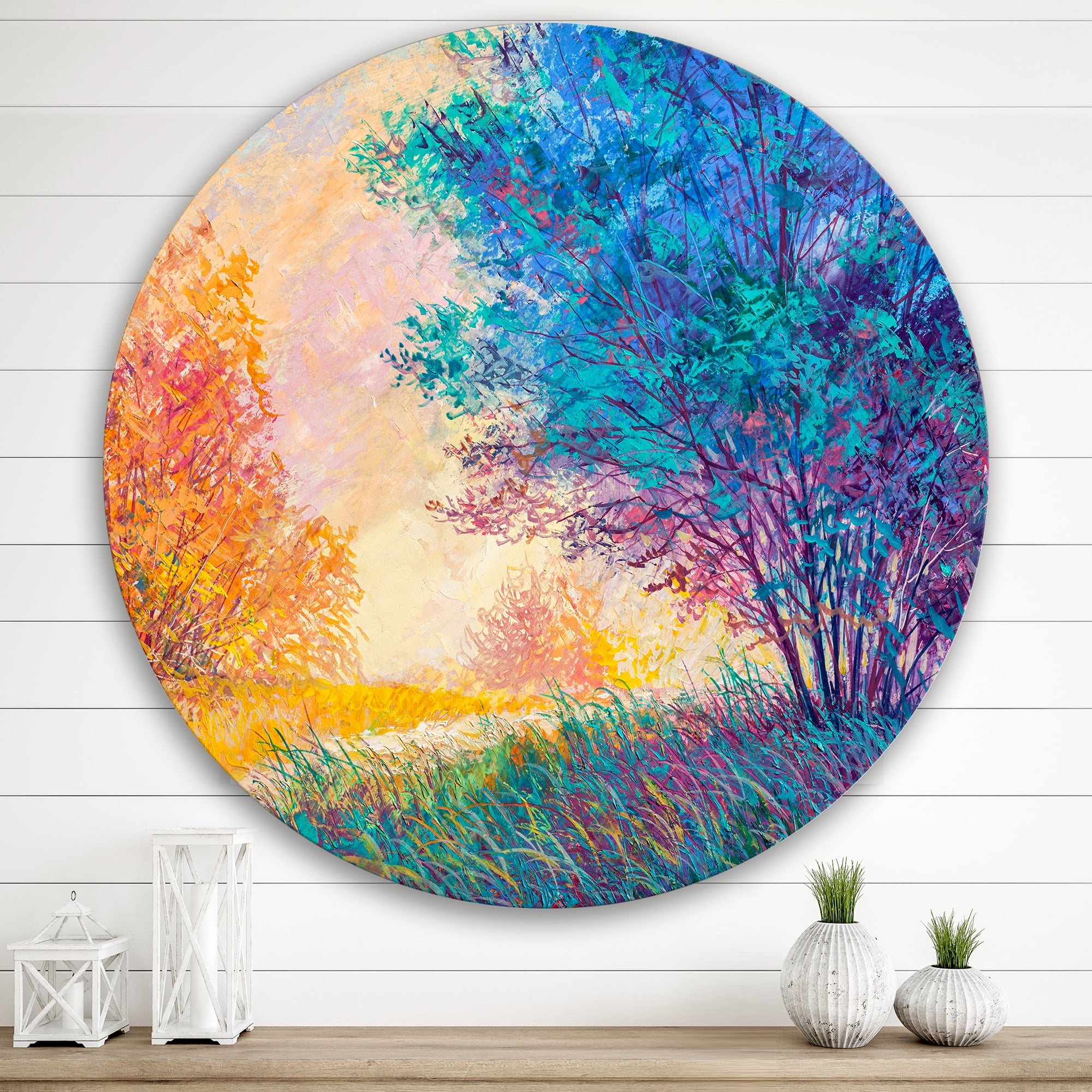 Designart 'Sunset In Autumnal Forest Landscape' Traditional Circle Metal Wall Art 36x36 - Disc of 36