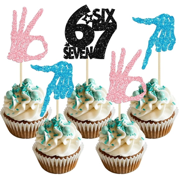 10Pcs Multicolor Glitter 6-7th Birthday Cupcake Toppers, Hand Sign Themed Cake Picks for 6-7 Years Old Party Decor