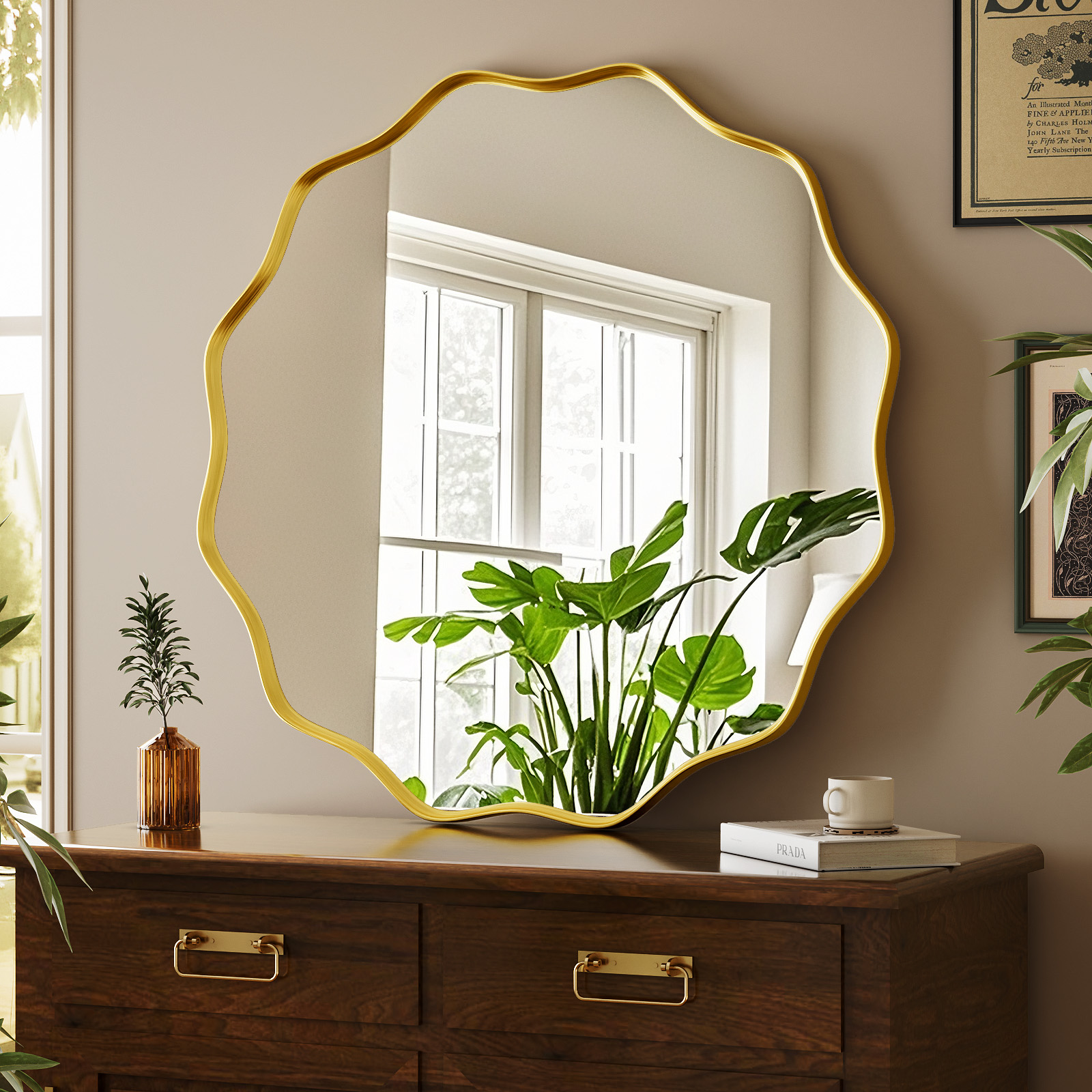 BEAUTYPEAK 24 in Wavy Round Bathroom Mirror, Gold photo 5