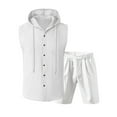 thumbnail image 4 of RYDCOT Mens Linen Sets 2 Piece Outfits Sleeveless Hooded Button Down Shirt and Shorts Set Vacation Outfit for Men Summer Beach Suits White, 4 of 8