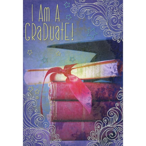 Designer Greetings I am a Graduate: Red Books, Diploma, Cap and Silver Swirls Package of 8 Graduation Party Invitations