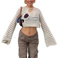 thumbnail image 1 of Top recortado Y2K para mujer Top corto de crochet de manga larga Top de rejilla transparente sexy beige L, 1 of 5