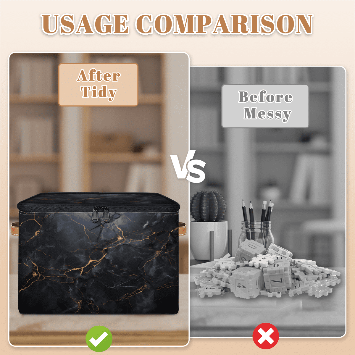 ADECORIVY Marble Black Storage Bin with Zipper Lid, Fabric Storage Baskets Boxes with Handles, Decorative Clothes Organizer Containers for Shelves, Wardrobe, Closet