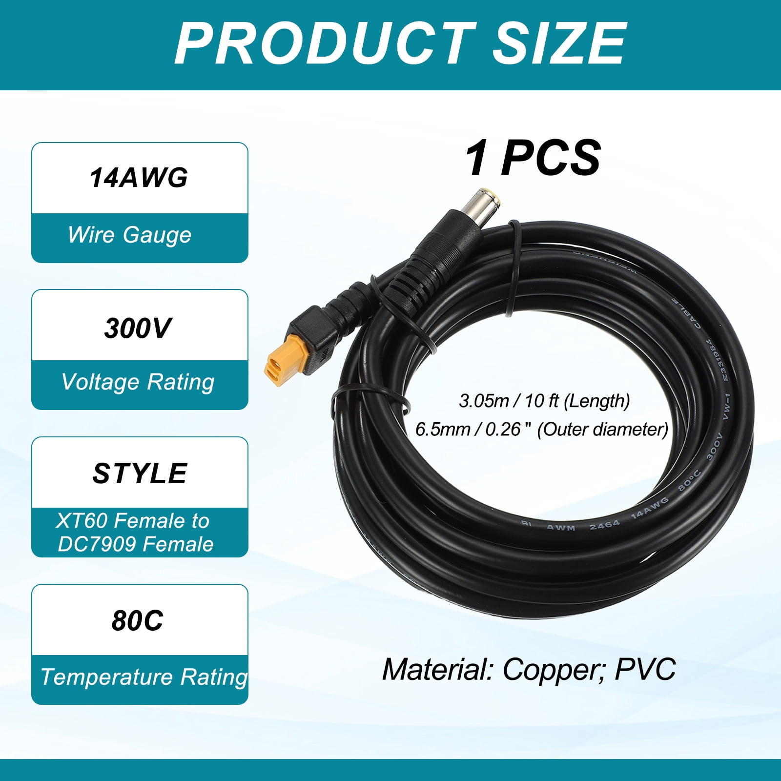 Uxcell XT60 to DC Connector Adapter Cable, 14AWG 10 ft XT60 Female to DC7909 Male Power Cable for Portable Power Station, Solar Panels