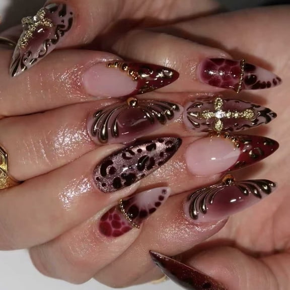Shining Presses on Nails French Design Nudes Metal Leopards Print Easy Not Tools Application Comfortable for Long Wear