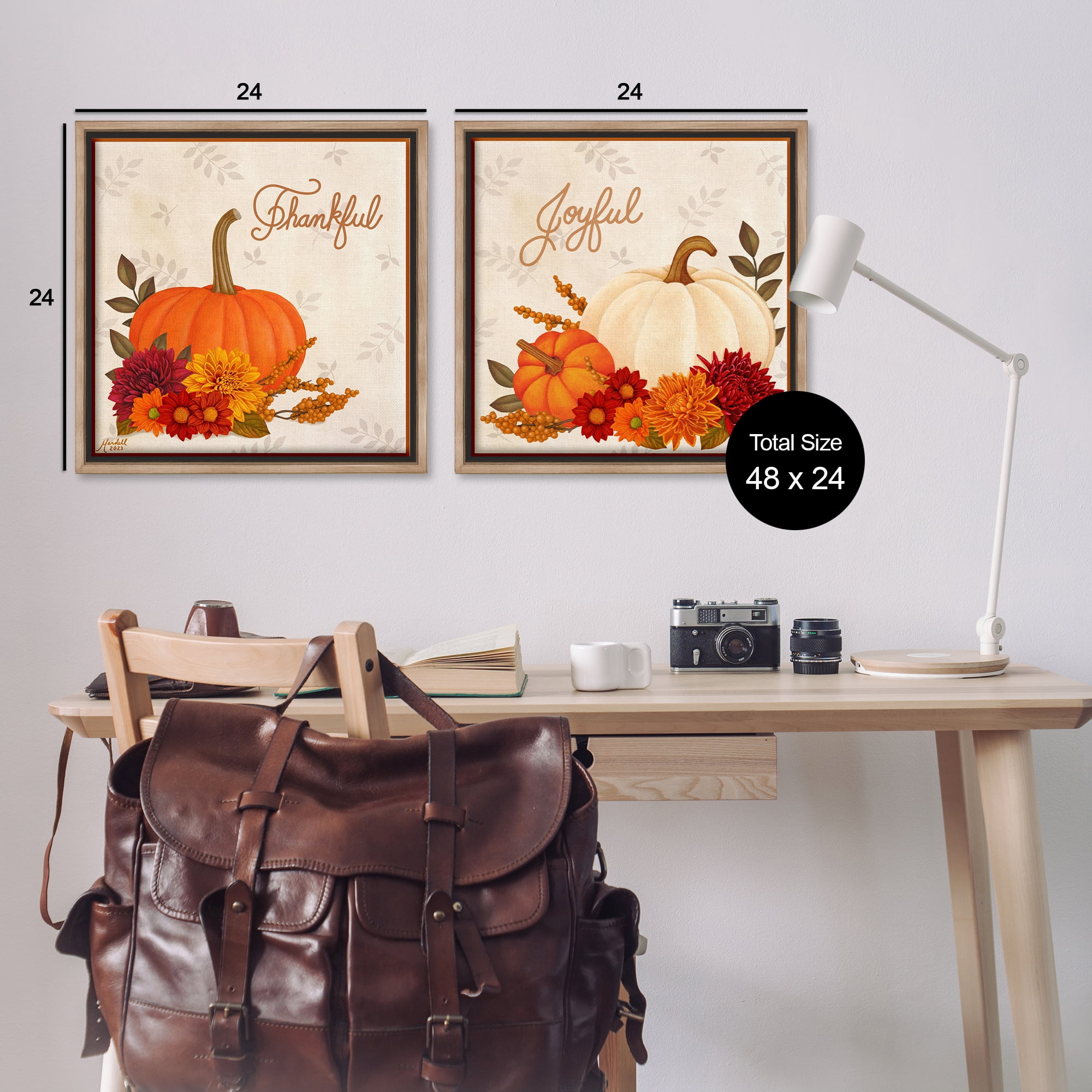 Stupell Industries Joyful Thankful Sentiment Pumpkin Holiday Painting Brown Floater Framed Canvas Art Prints Wall Art, 25 x 25, Set of 2