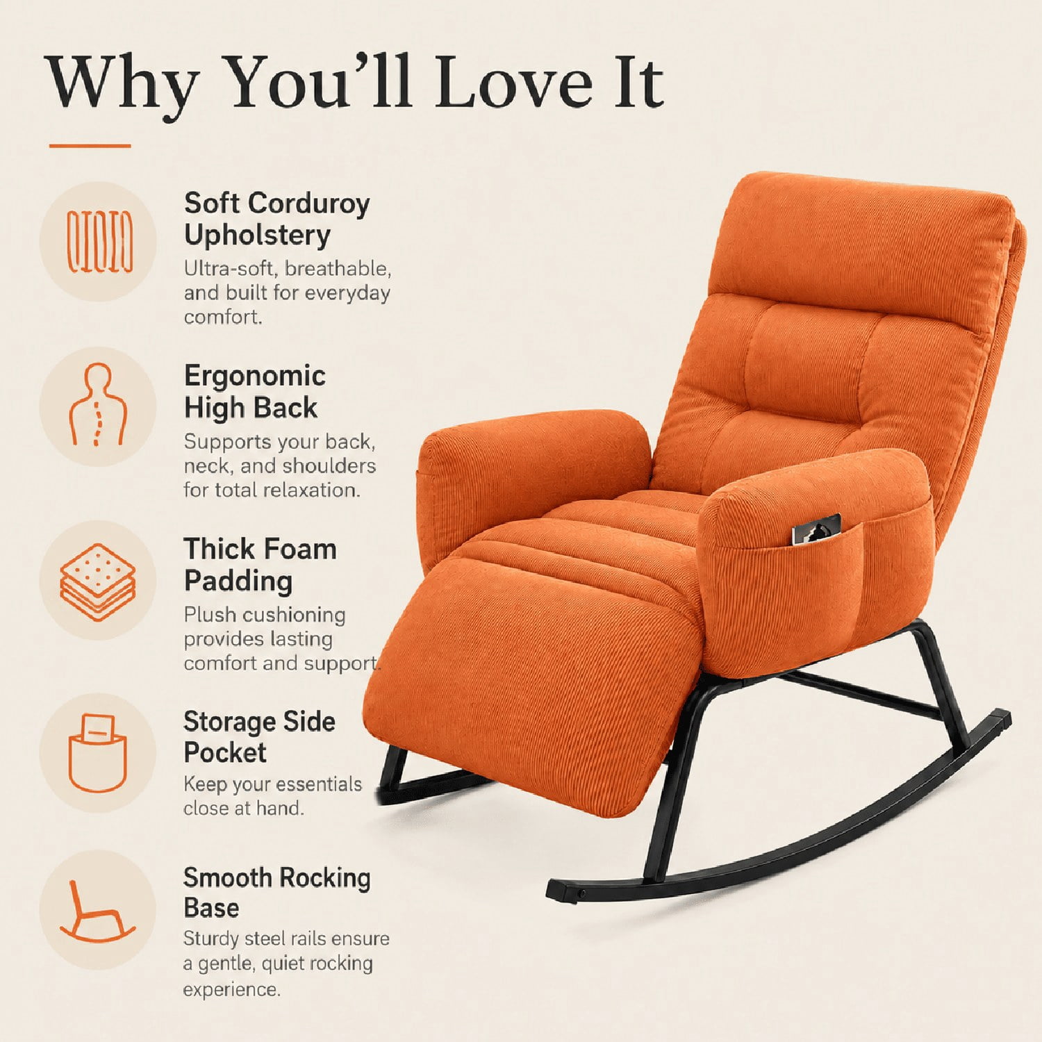 Modern Rocking Chair with Retractable Footrest, Upholstered Lounge Chair with Side Pocket, Soft Plush Fabric, for Living Room, Bedroom, Study, and Patio