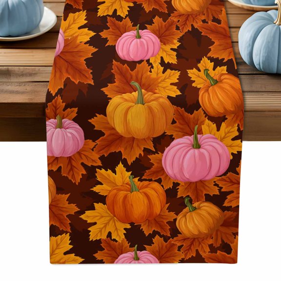 Table Runner Dresser Scarves 70 Inch Long,Autumn Thanksgiving Pumpkin Seamless Linen Dining Table Runners Watercolor Orange Maple Leaves Tabletop Scarf for Wedding Holiday Party Kitchen