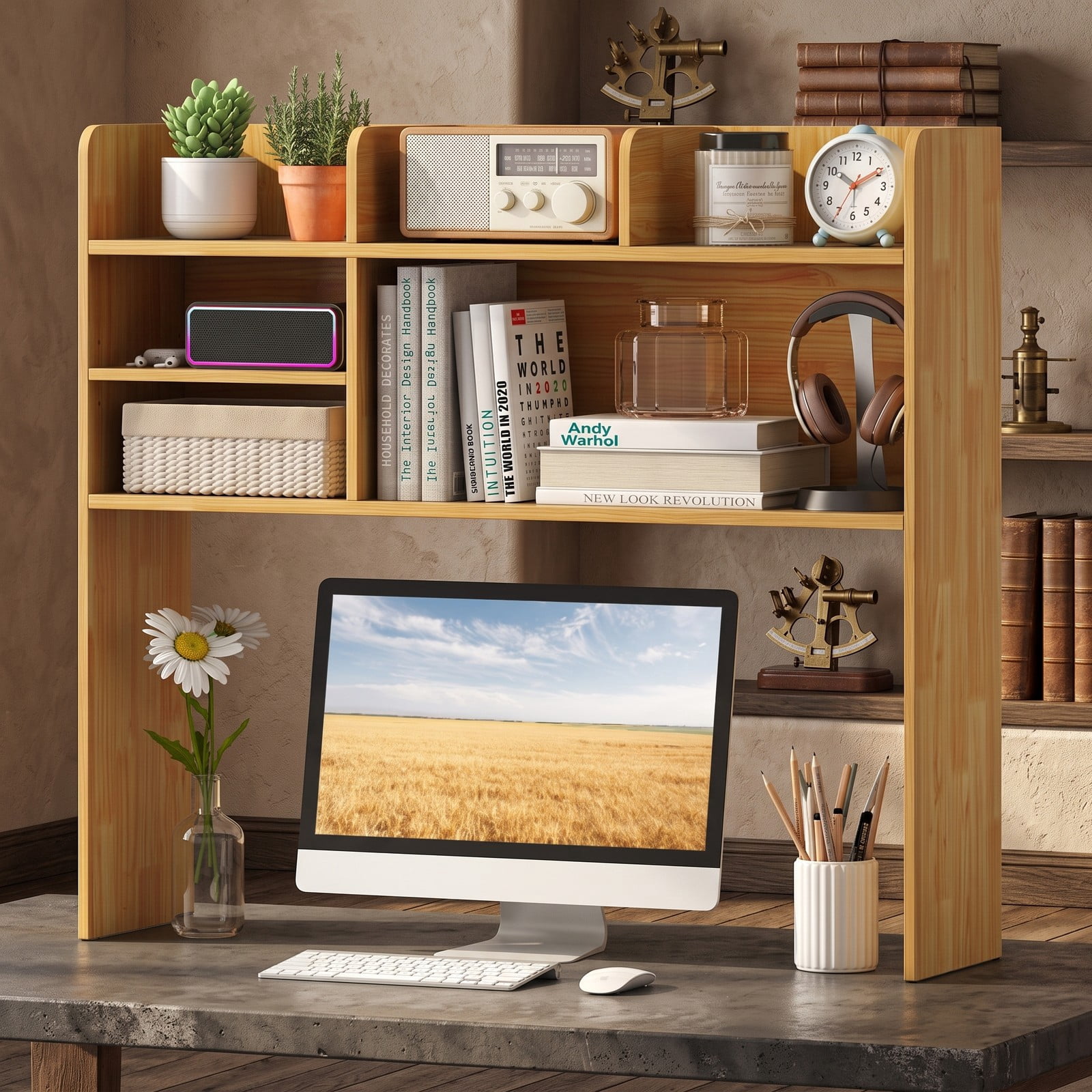 Furnibear Desktop Bookshelf Countertop Storage Hutch with 6 Shelves, Wood Desk Organizer Monitor Stand Riser with Adjustable Shelf and Open Compartment for Home, Beige