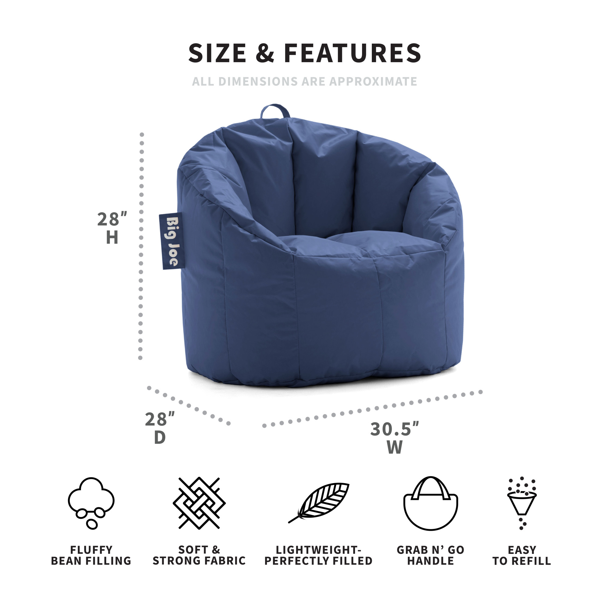 Big Joe Milano Bean Bag Chair, Navy Smartmax, Durable Polyester Nylon Blend, 2.5 feet - image 4 of 8