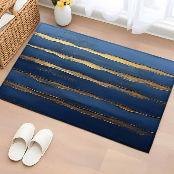 Luxury Navy Blue Bathroom Rug Washable 2x3 Entryway Rug Non Slip Golden Contemporary Abstract Front Door Mat Low Pile Indoor Doormat Throw Floor Carpet for Kitchen Bedroom Entrance