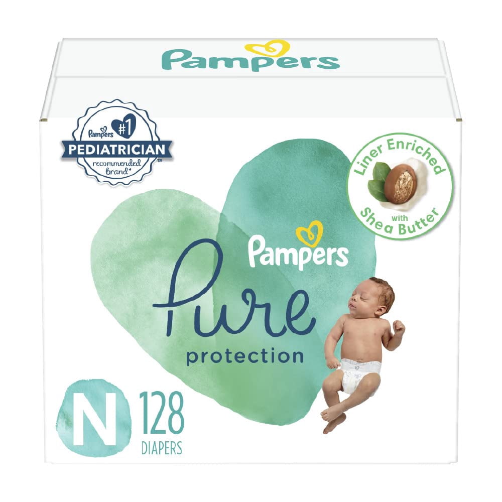 Pampers Pure Baby Diapers, Size 0 (<10 lbs ), 128, Up to 100% Leakproof, Premium Hypoallergenic Soft Diapers