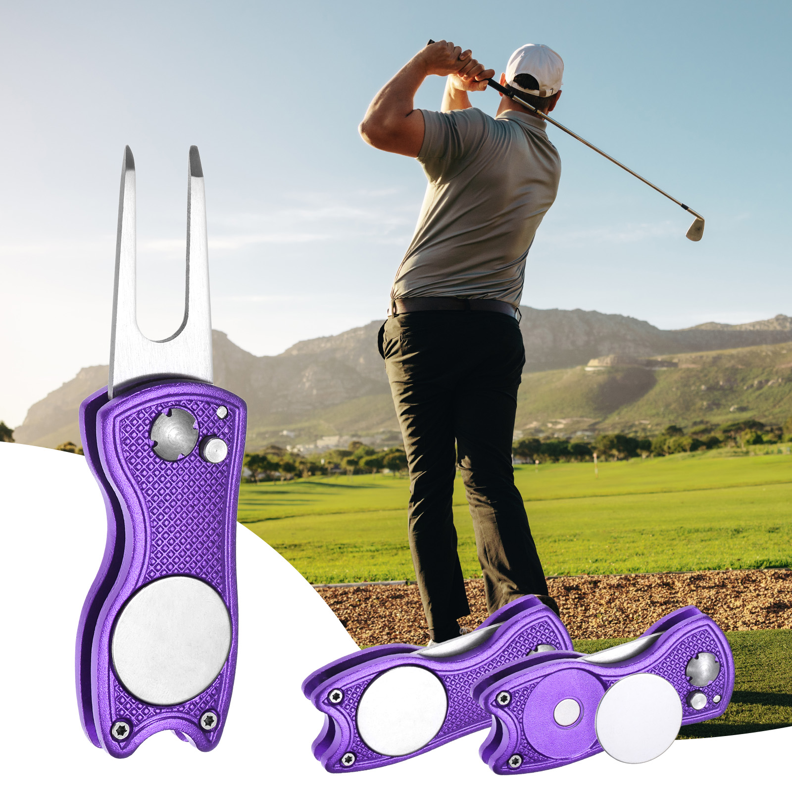 Uxcell Golf Divot Repair Tool [4PCS] - Switch Foldable Divot Tool Rack with Magnetic Ball Marker - [Purple] Green Fork Tines