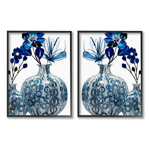 Bold Blue Ikebana Patterned Vase Botanical & Floral Graphic Art Black Framed Art Print Wall Art, Set of 2