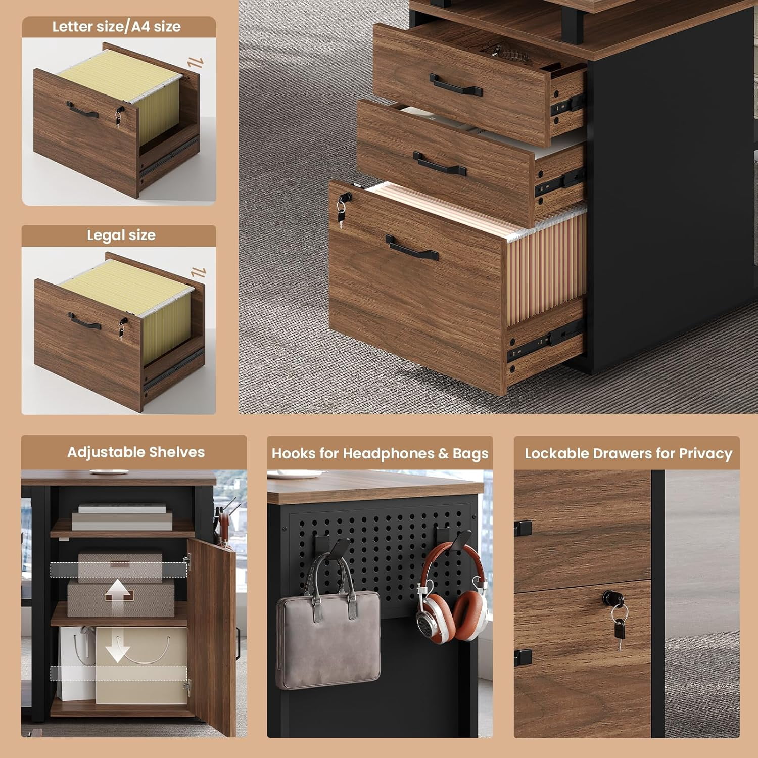 78" Executive Desk with Lockable File Cabinet, L Shaped Executive Desk with Power Outlets, Reversible Computer Desk with Drawers, Storage Shelves and Privacy Screen, Walnut