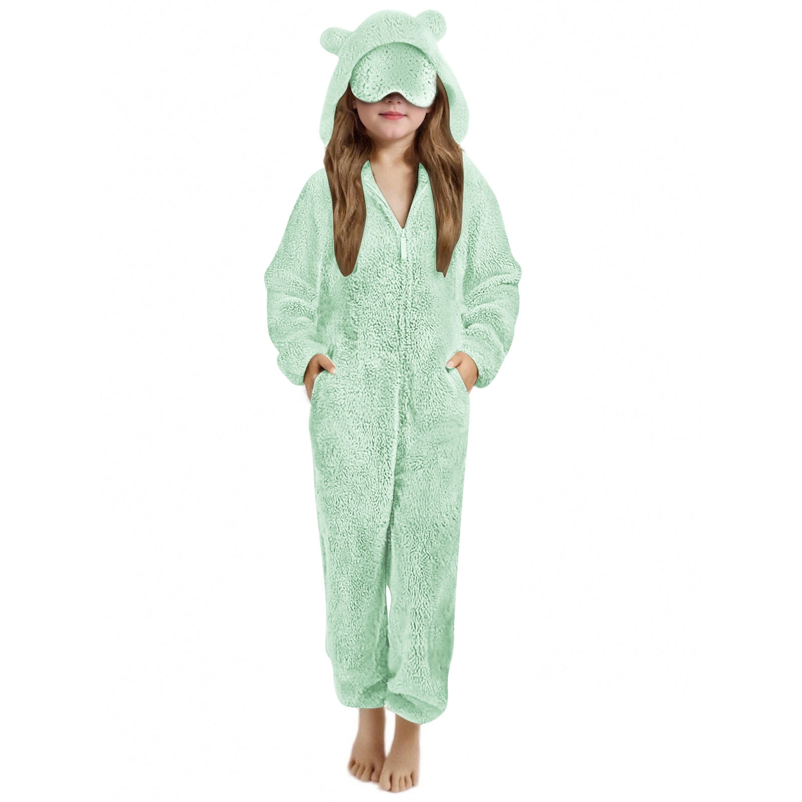 nerohusy Girls Fleece Zip Up Jumpsuits with Eye Mask Built In Kids Cat Ears Hooded Rompers Cozy Fuzzy Cute Animal Onesie Winter Warm Zipper Playsuit Green,11 Years