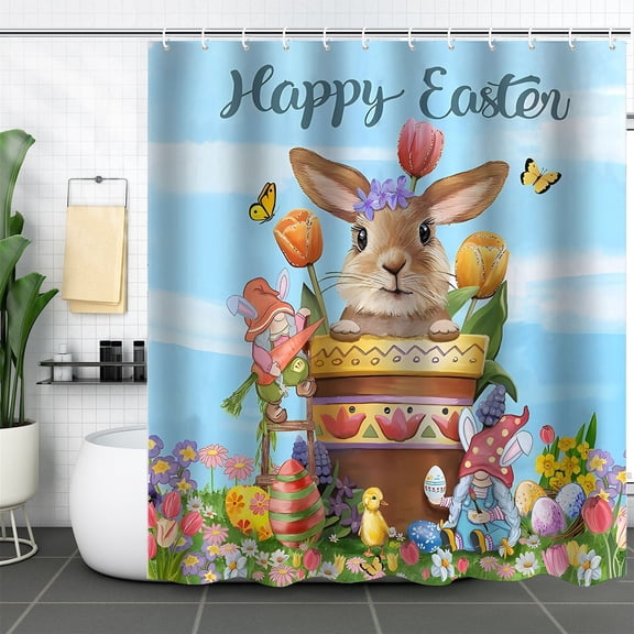 Easter Shower Curtain,Funny Bunny Shower Curtain, Shower Curtains for Bathroom,Happy Easter with Bunny Eggs Waterproof Bathroom Shower Curtain Sets with Hooks for Easter Decorations Bathroom Decor
