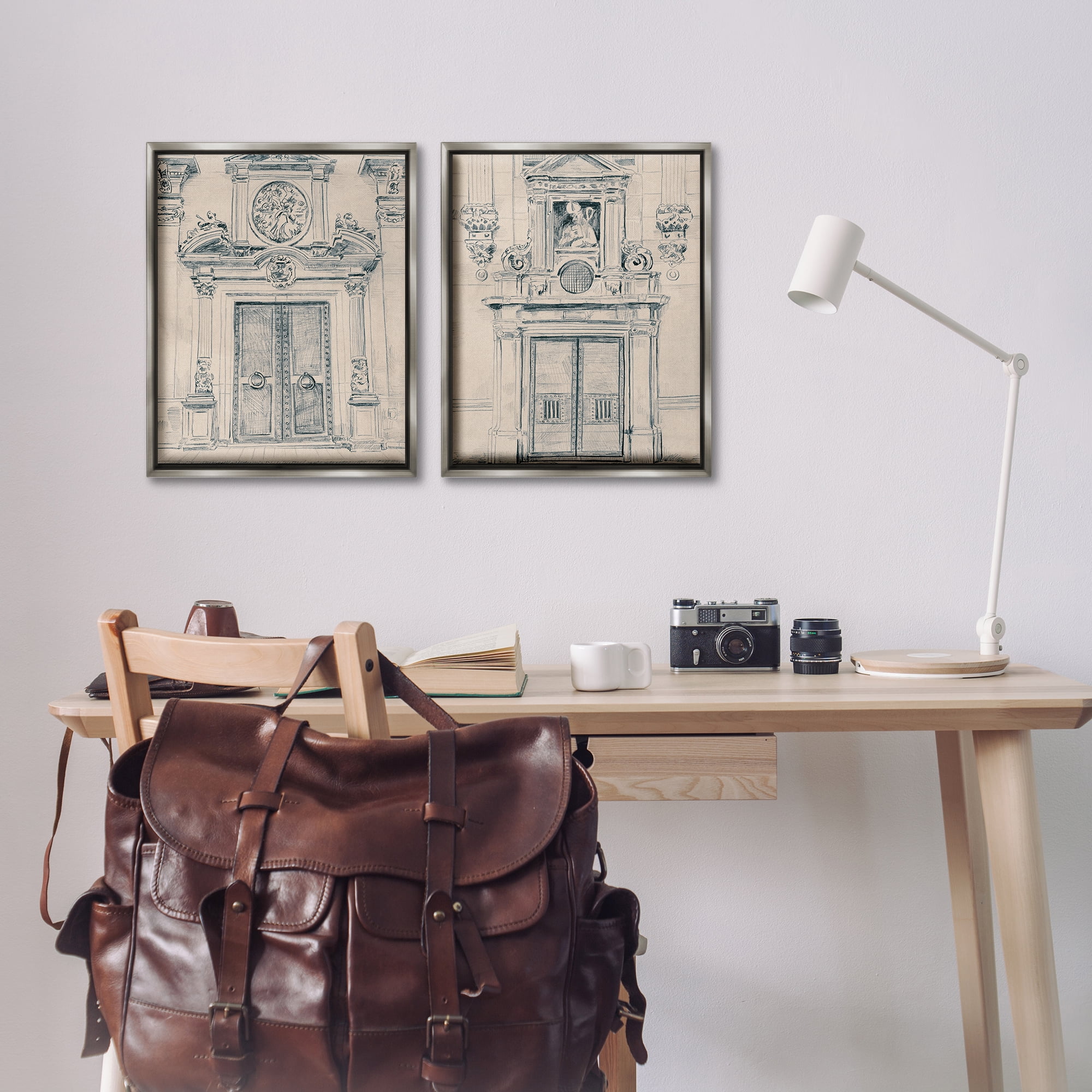 Stupell Industries Pencil Sketch Ornate Door Buildings & Architecture Drawing Gray Floater Framed Canvas Art Print Wall Art, 17 x 21, Set of 2