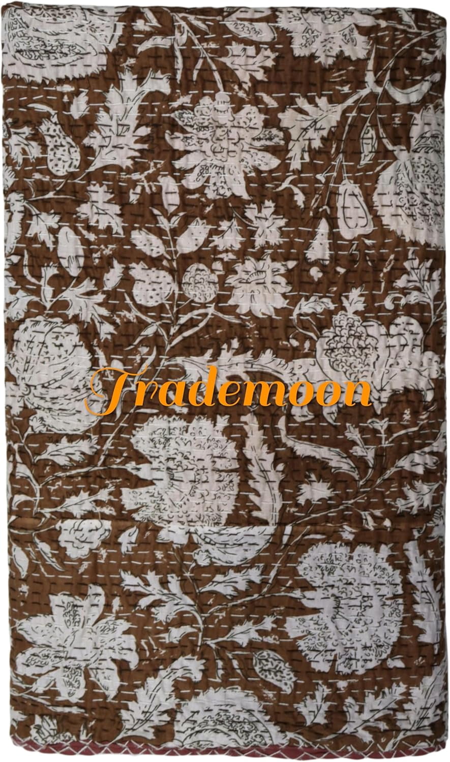 Indian Vintage Floral Kantha Quilt, Brown and White Cotton Bedspread with White Stitched Pattern, Kantha Gudri (King - 108" x 108")