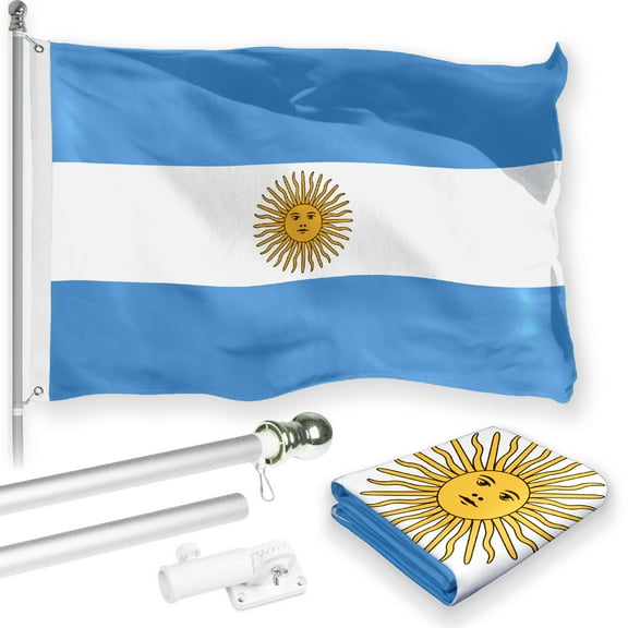 G128 Combo Pack: 6 Feet Tangle Free Spinning Flagpole (Silver) Argentina Argentinian Flag 3x5 ft Printed 150D Brass Grommets (Flag Included) Aluminum Flag Pole
