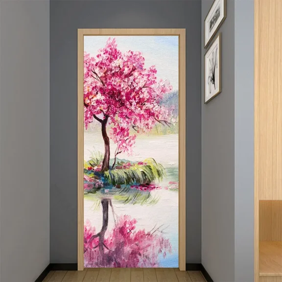 D Spring Flowers Door Sticker Pink Cherry Tree Decal Removable Beautiful Natural Floral Mural Poste