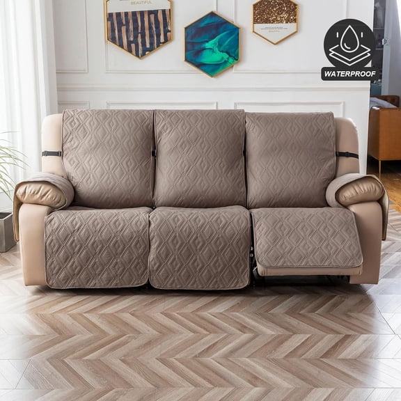 Waterproof Three-Seater Recliner Sofa Cover, Non-Slip Furniture Protector with Storage Pocket, Machine Washable, Suitable for Pets & Children, Living Room Use(Sand)