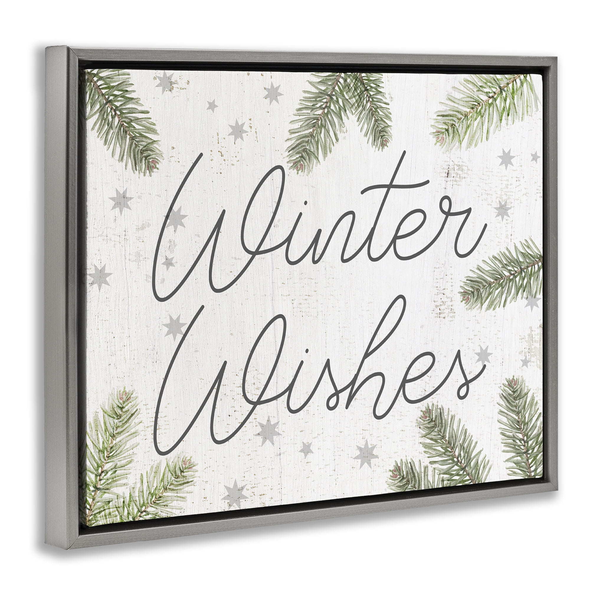 Stupell Industries Winter Wishes with Sprigs Holiday Painting Gray Floater Framed Canvas Art Prints Wall Art, 31 x 25
