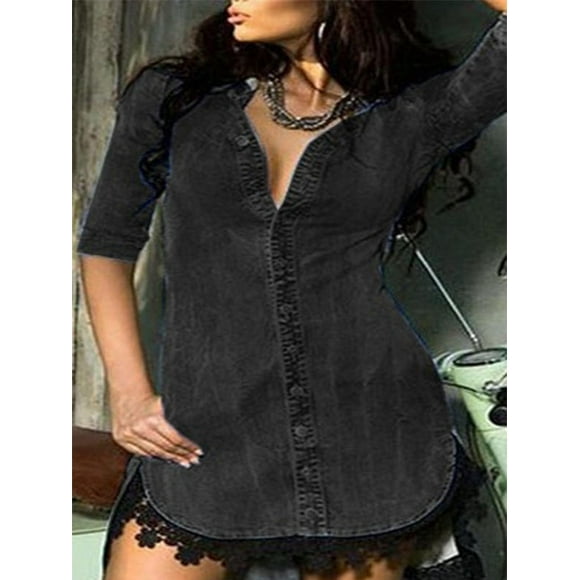 JDinms Robe-Chemise en Denim pour Femmes à Garniture de Dentelle, Boutonnée, Manches au Coude, Décolleté en V Profond