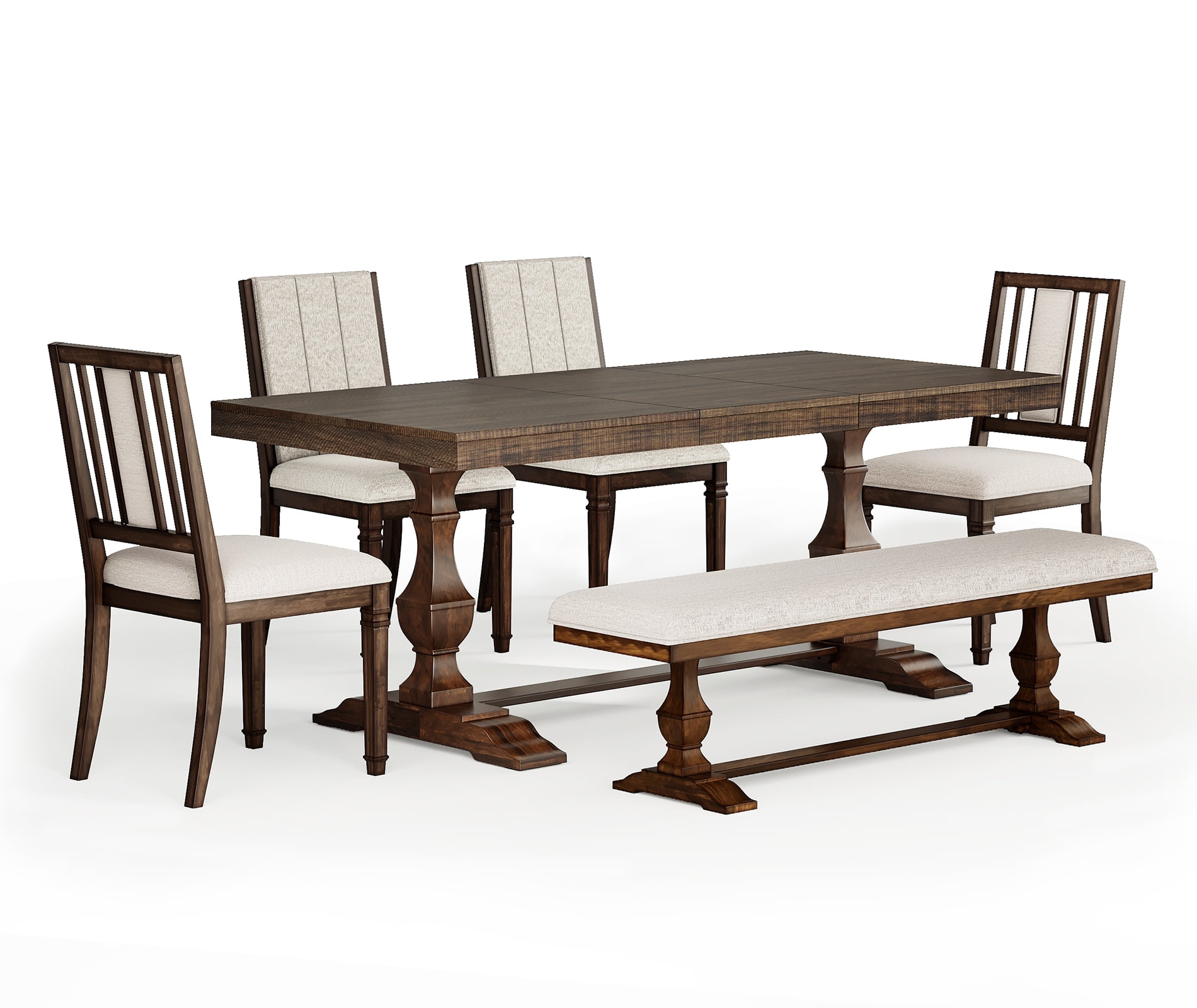 WAMPAT 6-pieces Farmhouse Dinning Table,74.8" Kitchen Table Set with 4 Chairs and Bench for 6-8, Solid Wood Legs and Cushion Seat for Kitchen & Living Room,Rustic Brown