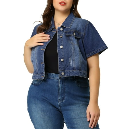 MODA NOVA Juniors Plus Size Cropped Wash Short Sleeves Denim Jacket