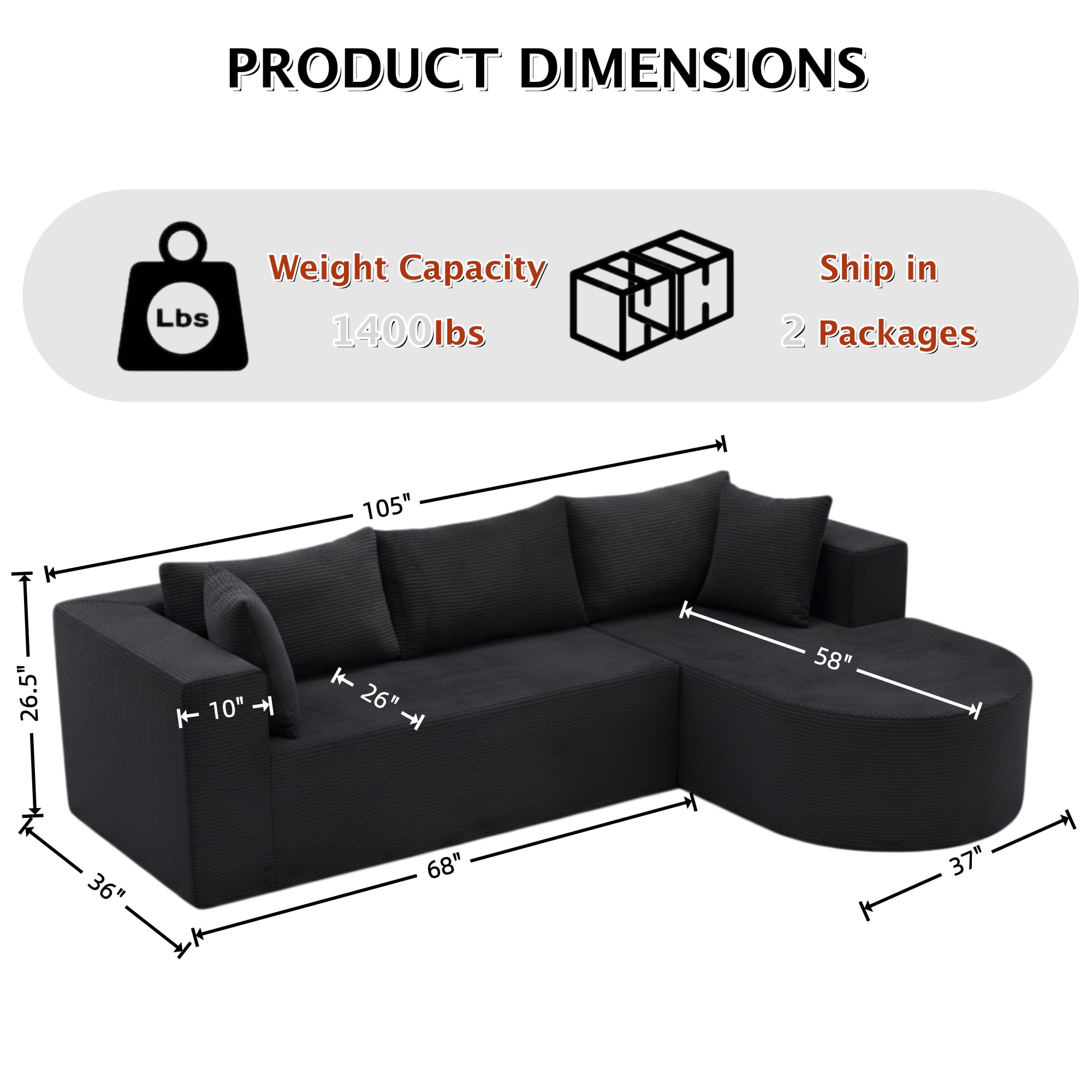 ShiKeyi 105" Modular L-Shaped Cloud Sofa, 3-Seater Corduroy Sectional Couch with Deep Seats Chaise, Soft Boneless Design for Living Room, Black (Left)