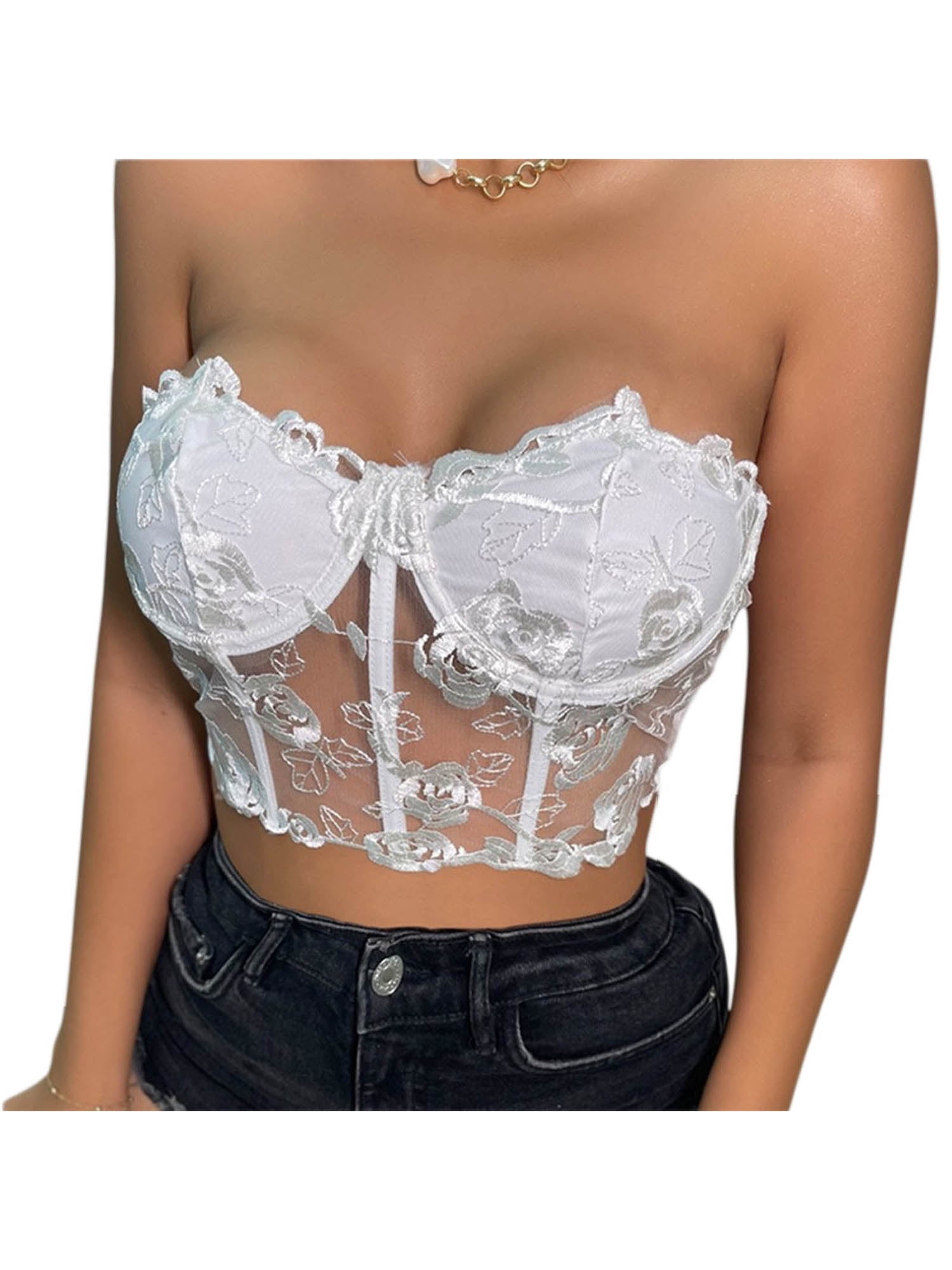 TheFound Women Lace Corset Crop Top Push Up Bustier Floral Top Cami Top  Aesthetic Spaghetti Strap Top Camisole Bralette Clubwear
