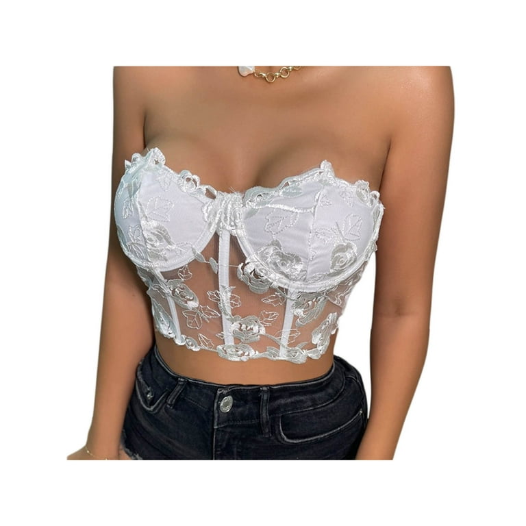 Women Sexy Bustier Corset Strapless Off Shoulder Slim Push Up Overbust  Embroidery Flower See Through Bodyshaper Crop Top