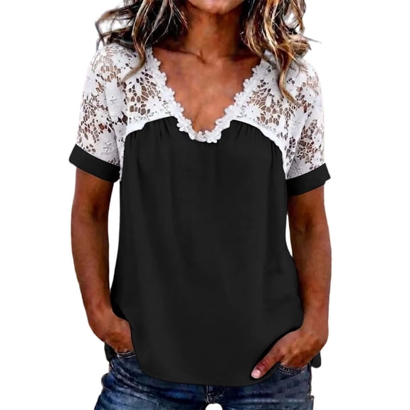 hlysgo Women's Lace V-Neck T-Shirts Short Sleeve Loose Fitting Tunic Basic Tops Summer Lightweight Shirts Black,M
