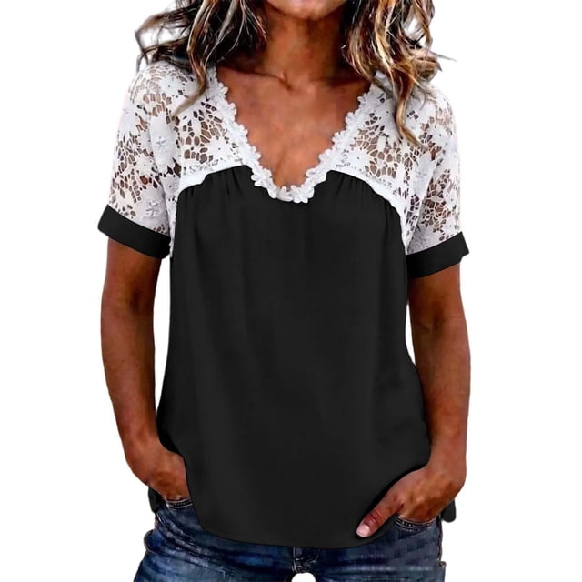 Fewfanhot Womens Tops Trendy Lace Basic V-Neck T-Shirts Short Sleeve Loose Fitting Tunic Tank Tops