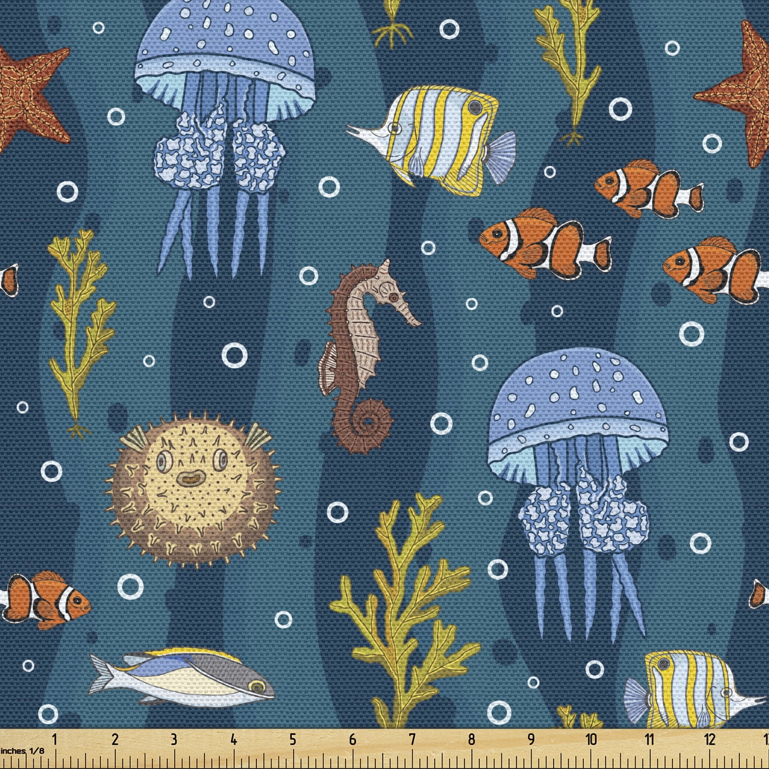 Underwater Fabric by the Yard, Deep Sea Animals Jellyfish Anemone Fish