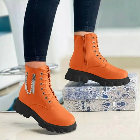 

Feiboyy Ladies British Style Solid Color Leather Chain Side Zipper Thick Soled Fashion Short Boots