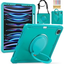 Silicone Case for iPad Air 6th 11" 2024 M2, Heavy Duty 360° Ring Stand with Shoulder Strap Pen Holder Translucent Hard PC Back Case Cover for iPad Pro 11 2022/2021/2020/2018/Air 4/Air 5, Blue