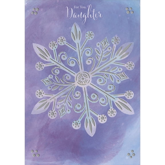 Designer Greetings Intricate Laser Cut Snowflake and Purple Brushstrokes Over Silver Foil Panel Christmas Card for Daughter
