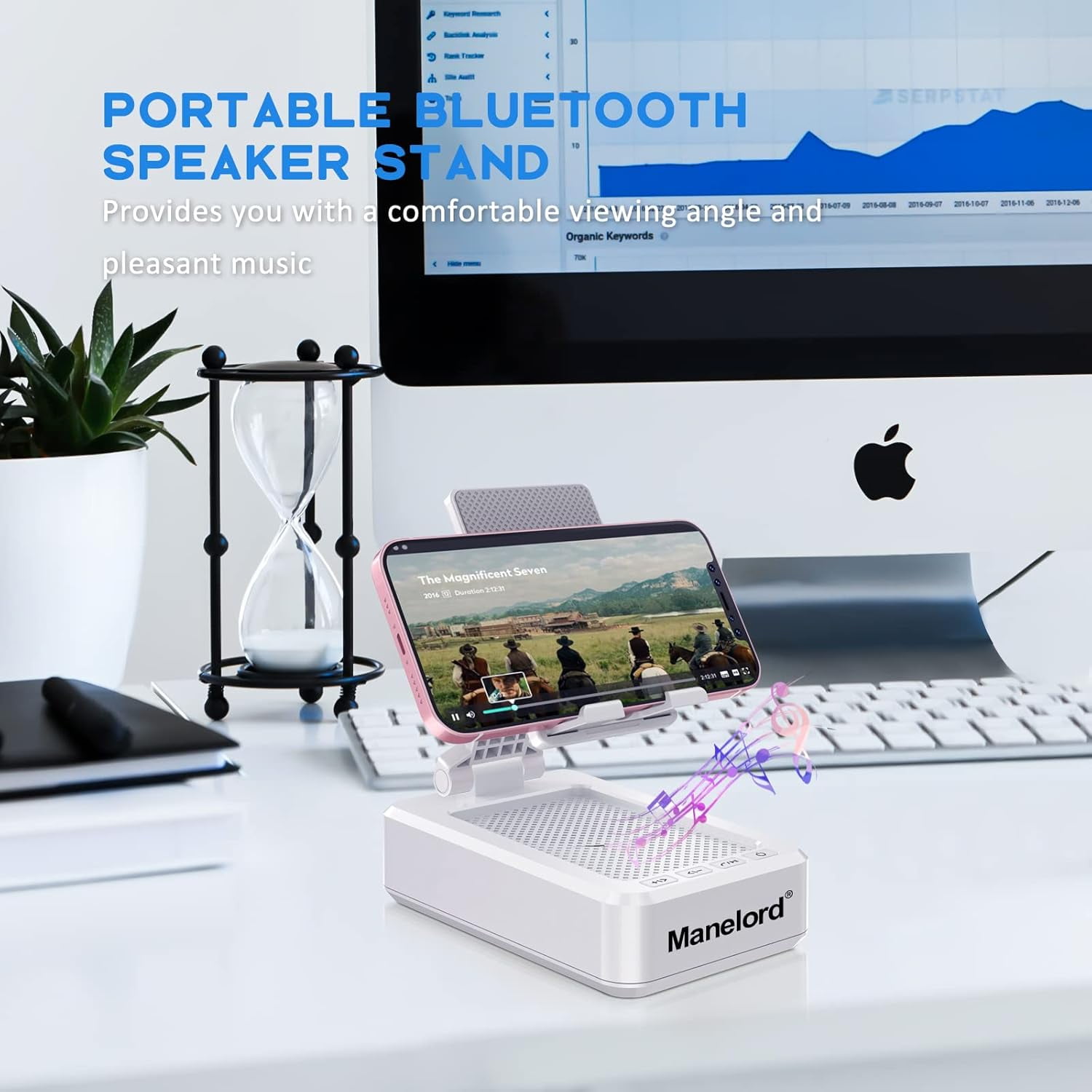 Manelord Portable Phone Stand with Speaker Bluetooth Wireless,Gifts for Men Women,Birthday for Women Men,Kitchen Gadgets for Men,Phone Holder for Desk - White