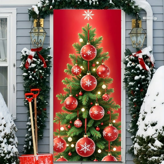 NWOKYZGH Merry Christmas Banner Xmas Front Door Cover Christmas Tree themed Door Banner Decorations, Merry Christmas and Happy New Year Backdrop for Holiday Party Supplies
