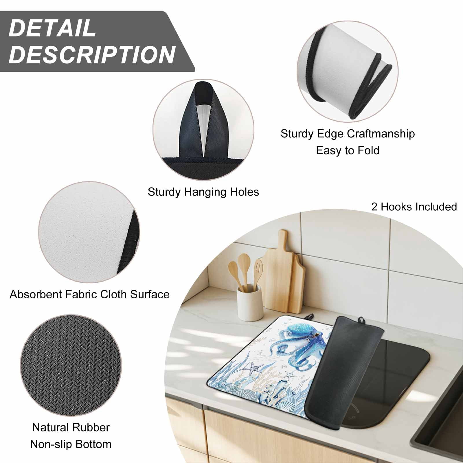 Blue Octopus Coastal Stove Top Cover for Electric Stove, Heat-proof & Non Slip Glass Top Stove Cover Protector, Summer Beach Nautical Ocean Coral Starfish Kitchen Flat Cooktop Rubber Mat 24x21 Inches