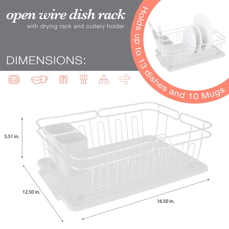 Kitchen Details 3 Piece Dish Rack | Drain Tray | Cutlery Holder |  Countertop | Organizer | Holds 13 Dishes | Chrome