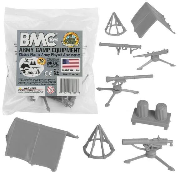 BMC Classic Plastic Army Men Playset Accessories - 10pc Military Camp - US Made
