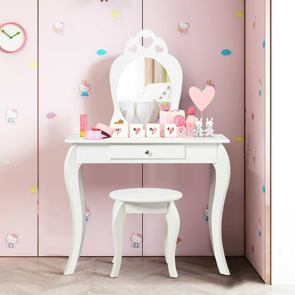 Costway Kids Vanity Set Princess Makeup Dressing Play Table Set W/Mirror White