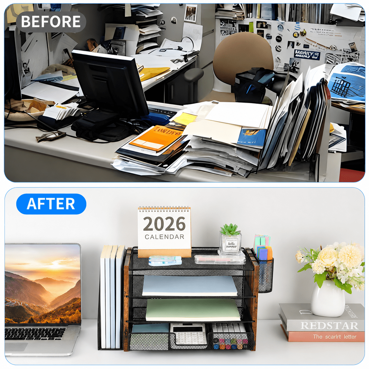 MEHOOM 4-Tier Wooded Desk Organizer Sets, Desktop File Organizer with Drawer and Pencil Holders for Office, Dorm Desktop Setup, Classroom Desk Accessories & Workspace Organizers